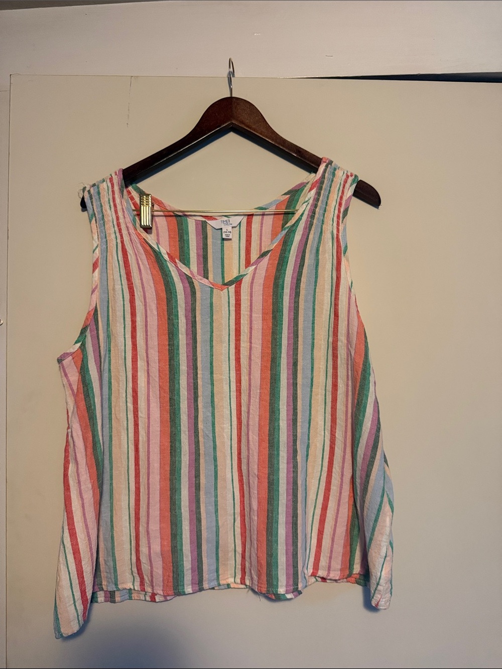 Time & Tru Multicolor Striped Sleeveless V-Neck Linen Top Sz L EUC